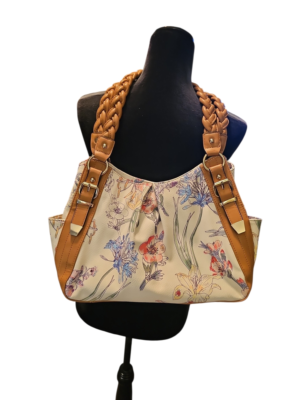 Apt. 9 Cream Floral Shoulder Bag with Braided Tan Handles